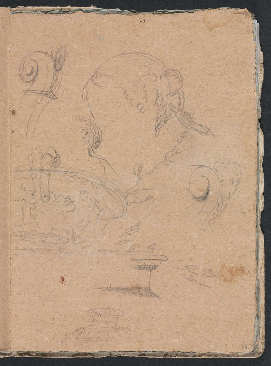 Verona Sketchbook: Motivi architettonici con testa femminile pagina 45, 1760 da Francesco Lorenzi
