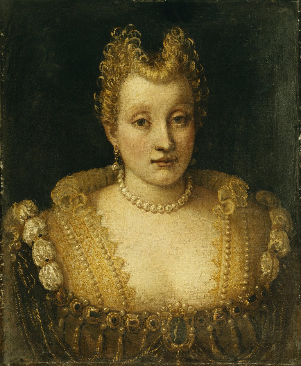 Ritratto di una signora della famiglia Contarini, busto, con un abito elaborato con gioielli e una collana di perle e orecchini da Francesco Montemezzano
