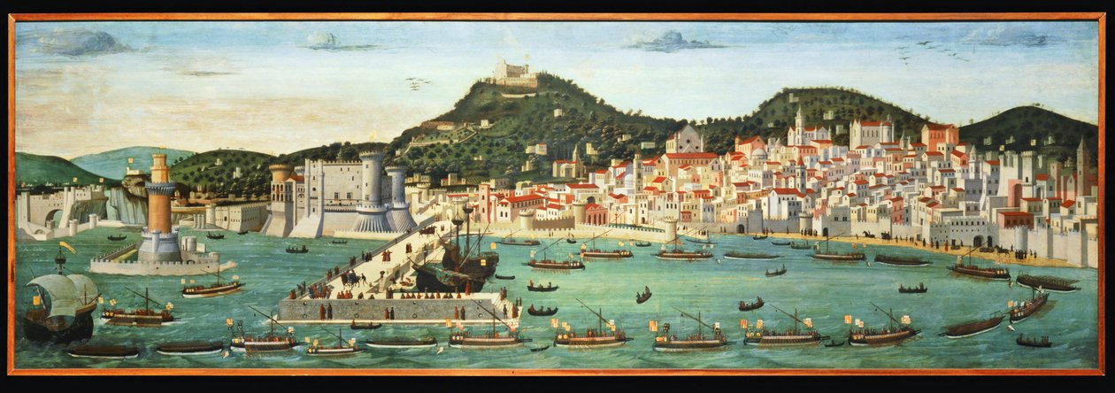 Tavola Strozzi, die die Uferpromenade von Neapel und die Rückkehr der aragonesischen Flotte von der Schlacht von Ischia darstellt von Francesco Pagano