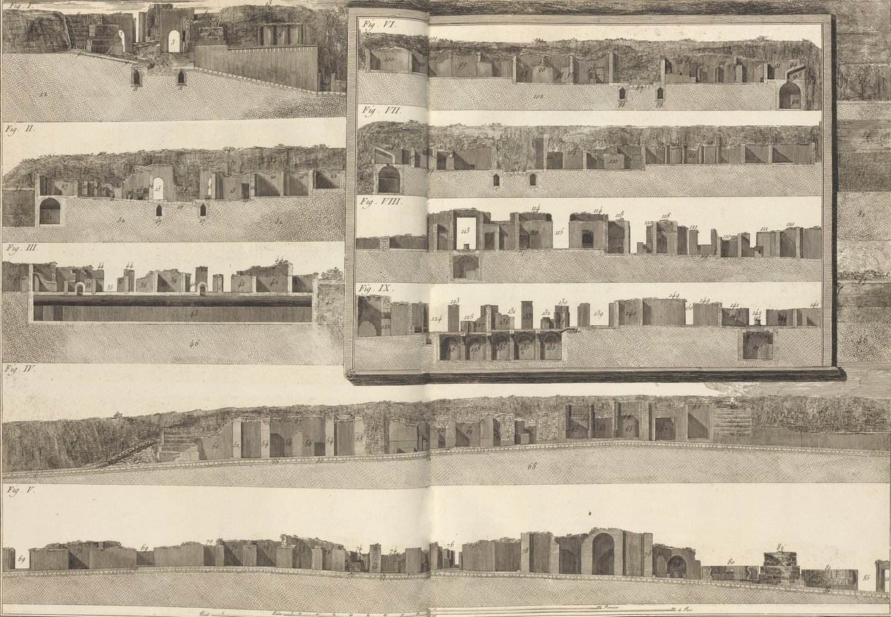 Sezioni trasversali, che mostrano i diversi aspetti degli edifici mostrati nel piano di Pompei, 1804 da Francesco Piranesi