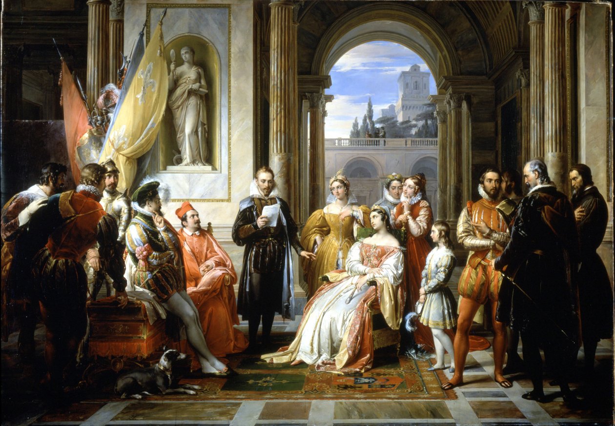 Torquato Tasso (Le Muche) legge la sua Gerusalemme liberata alla corte di Ferrara. Dipinto di Francesco Podesti (1800-1895) da Francesco Podesti