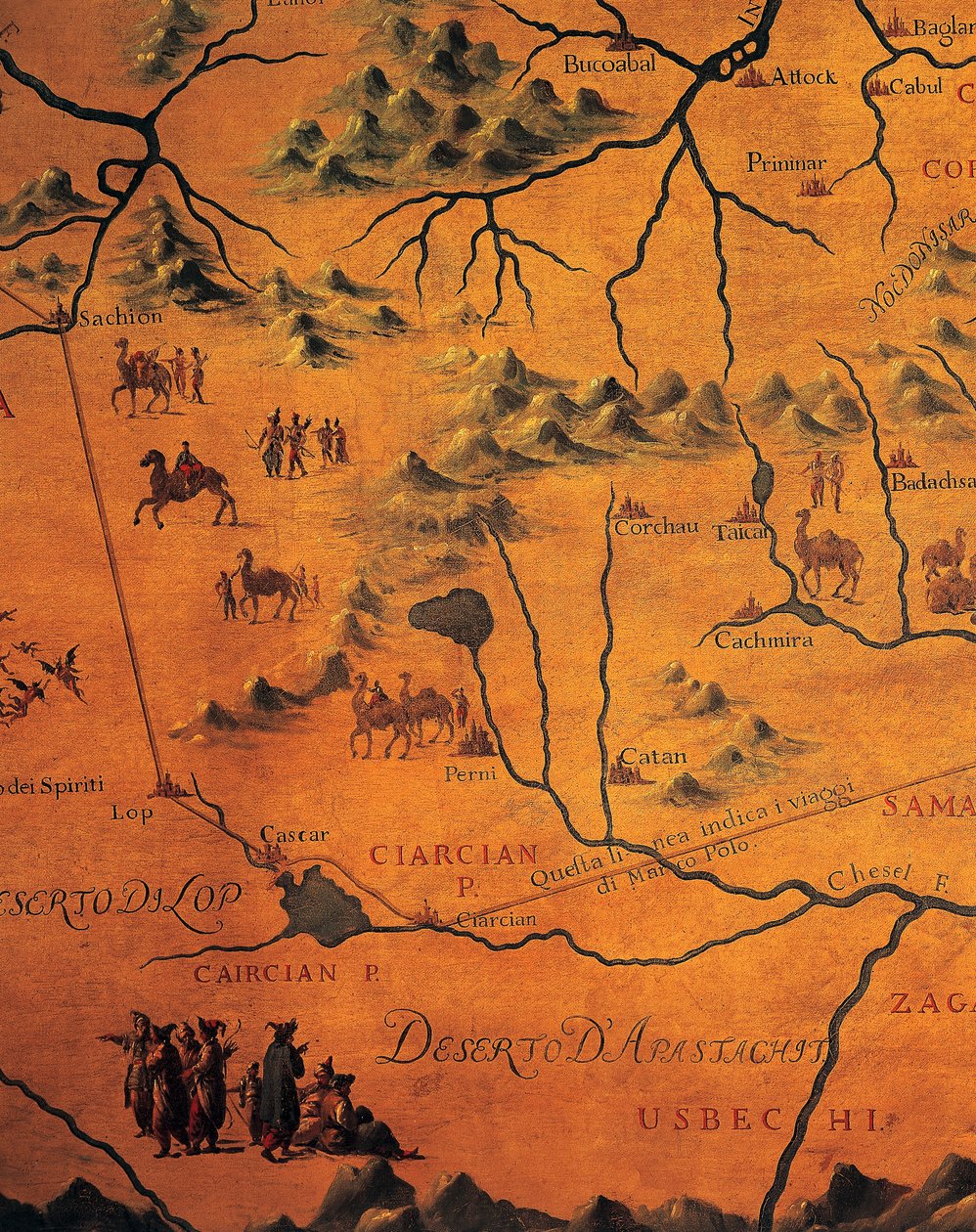 Dettaglio del percorso di Marco Polo attraverso i deserti orientali, mappa del Tartaro da Francesco and Ramusio Giovan Battista Grisellini