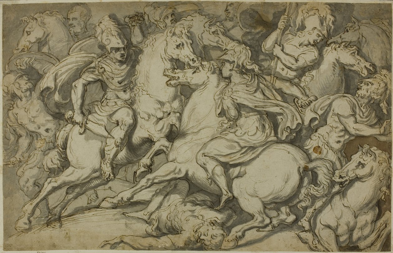 Scaramuccia di cavalleria (recto); Ecorché inginocchiato (verso) da Francesco Salviati