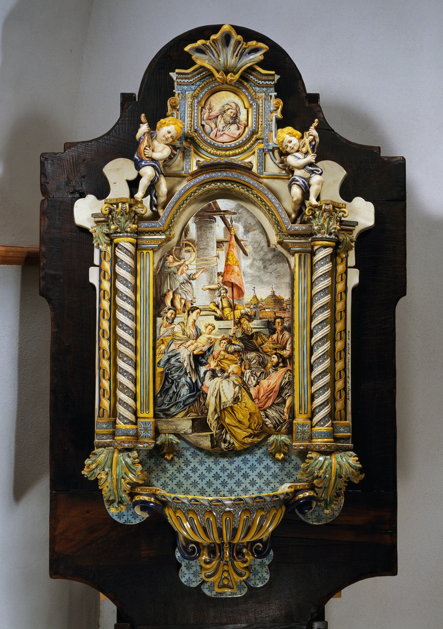 Grande acquasantiera in maiolica dipinta con scena centrale dal dipinto Adorazione dei Magi di Francesco Solimena (1657-1747), Italia, XX secolo da Francesco Solimena