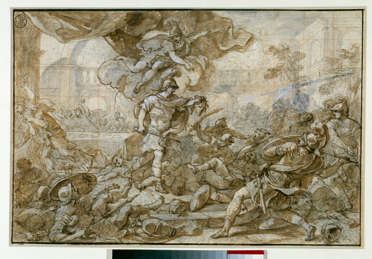Mitologia: "Perseo arma la testa della Medusa trasformando in pietra Fineo e i suoi soldati" Disegno di Francesco Solimena detto l