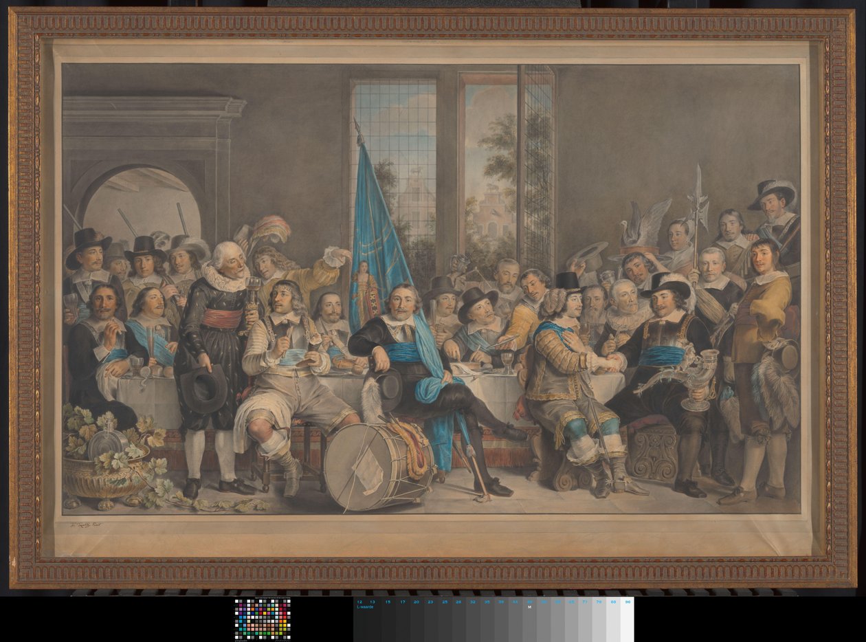 Banchetto dei tiratori nella Voetboog (St. Joris) doelen ad Amsterdam, per celebrare la pace di Münster, 18 giugno 1648 da Francesco Tozelli (signed by artist)