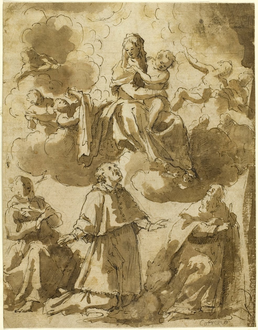 Madonna col Bambino in gloria, con tre santi maschi in basso da Francesco Vanni