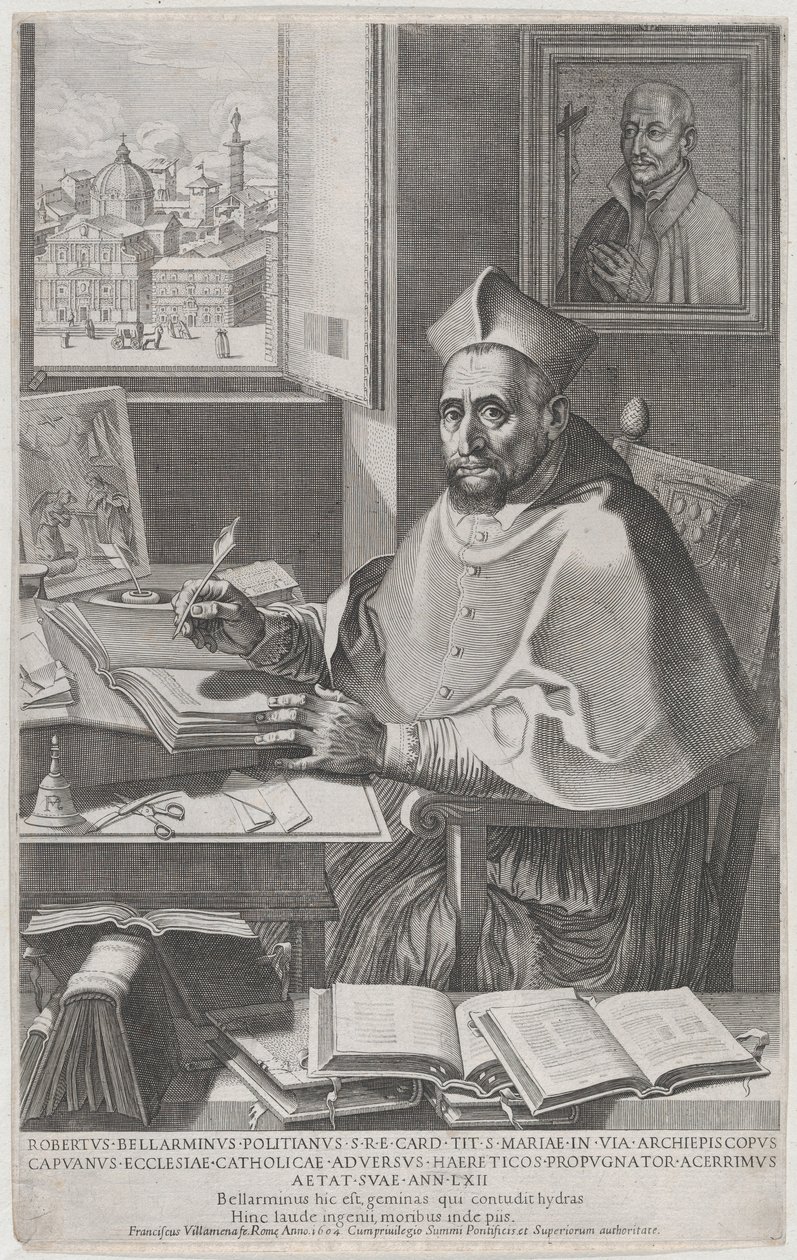 Cardinale Roberto Bellarmino alla sua scrivania, scrivendo, 1604 da Francesco Villamena