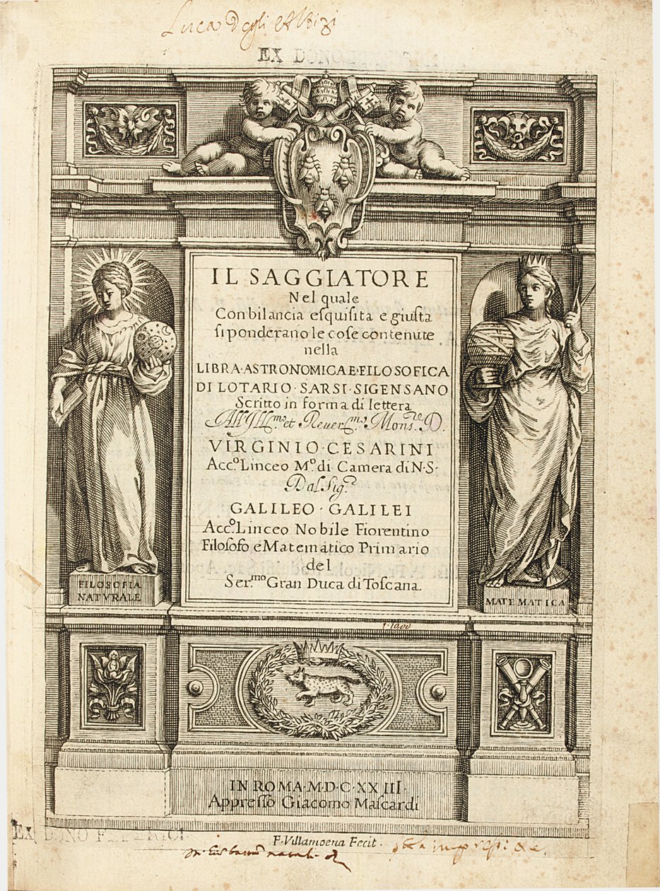 Frontespizio de "Il Saggiatore" di Galileo Galilei da Francesco Villamena