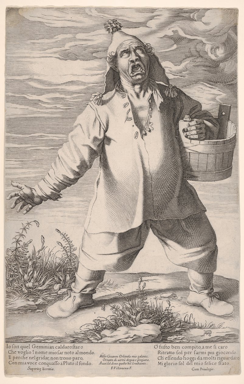 Geminiano Caldarostaro che grida e tiene una vasca, con un cappello con nappe, ca. 1597-1601 da Francesco Villamena