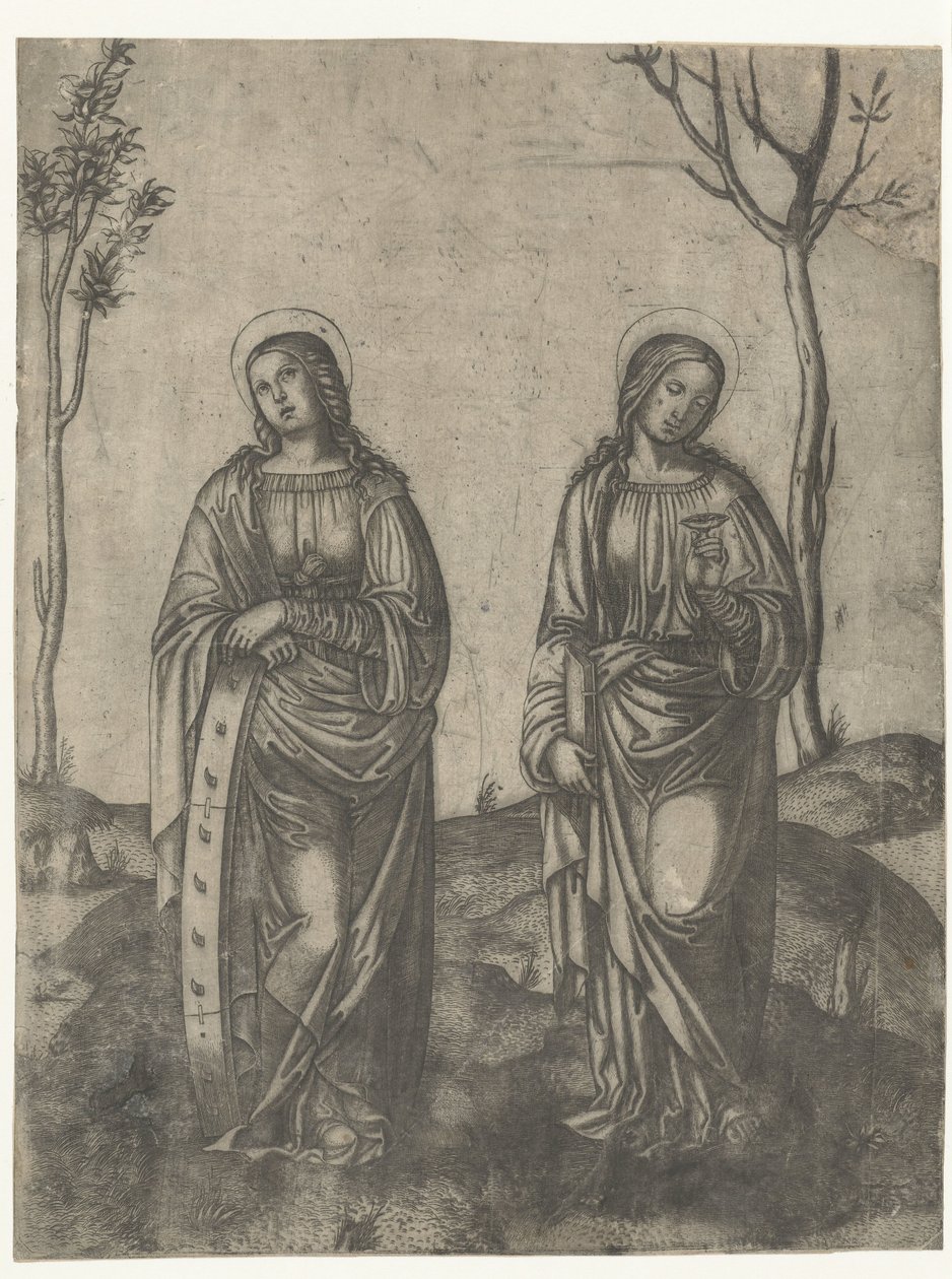 Sante Caterina con ruota rotta e Lucia con occhi su piatto da Francesco di Francia (attributed to)