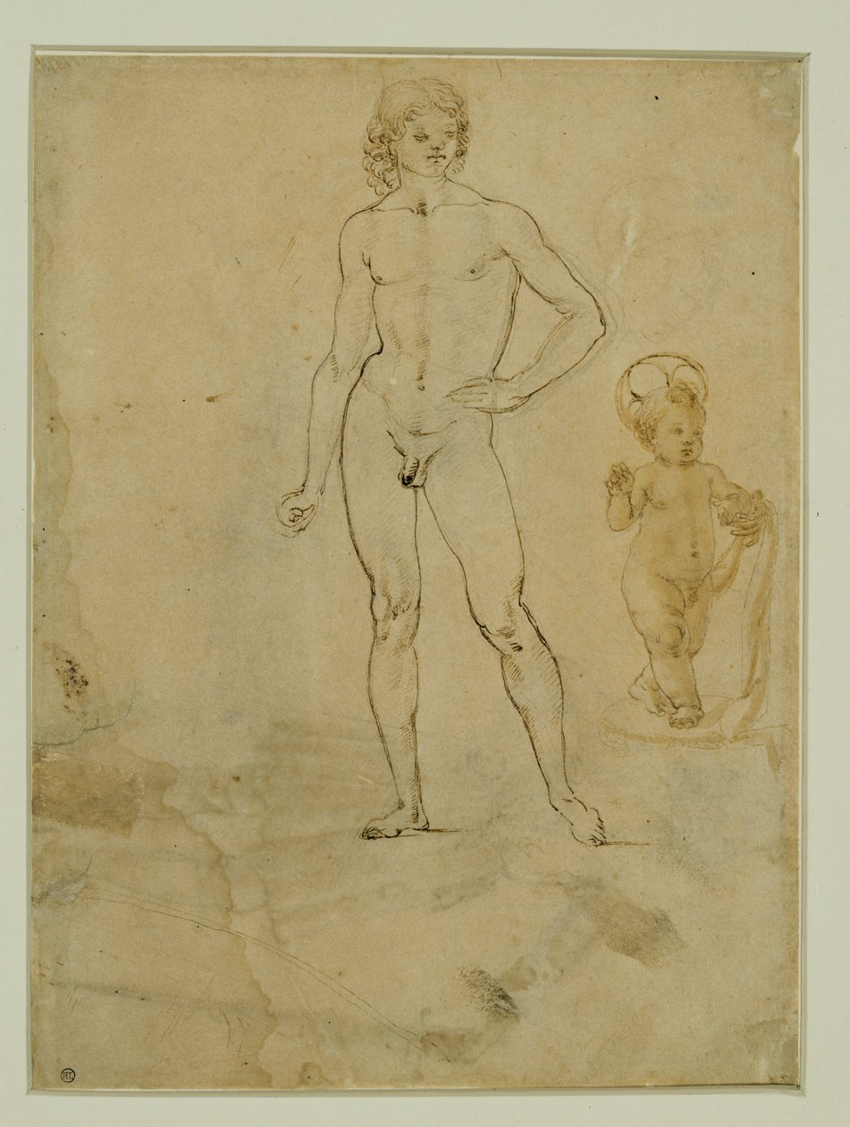 Un giovane nudo, in piedi; Gesù bambino; ritratto femminile rivolto verso destra ... da Francesco di Simone (attr. to)