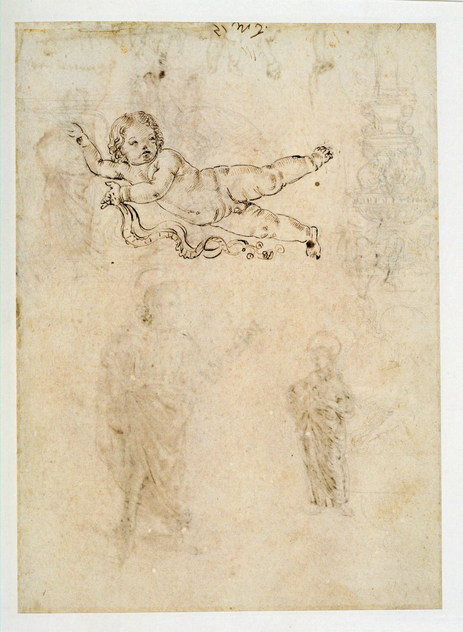 Studio di un bambino; un ornamento scolpito; un