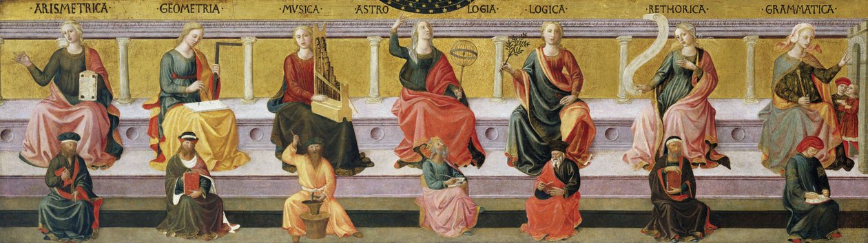 "Le sette arti liberali" (Aritmetica, geometria, musica, astrologia, logica, retorica e grammatica) da Francesco di Stefano Pesellino