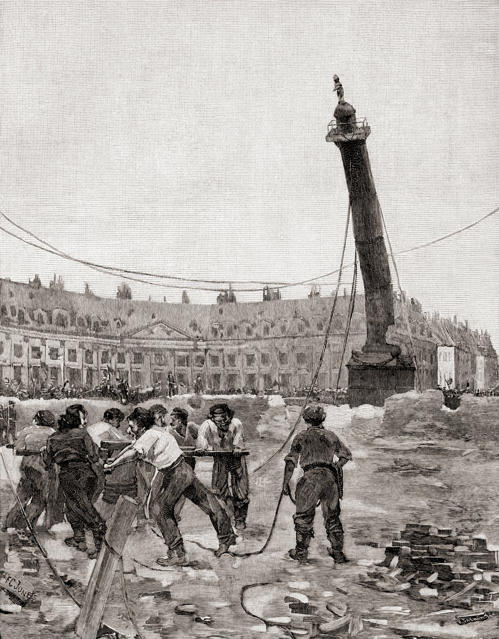 Abbattimento della Colonna Vendôme durante la Comune di Parigi, Parigi, Francia nel 1871, da The Century Illustrated Monthly Magazine, pubblicato nel 1884 da Francis Coates Jones