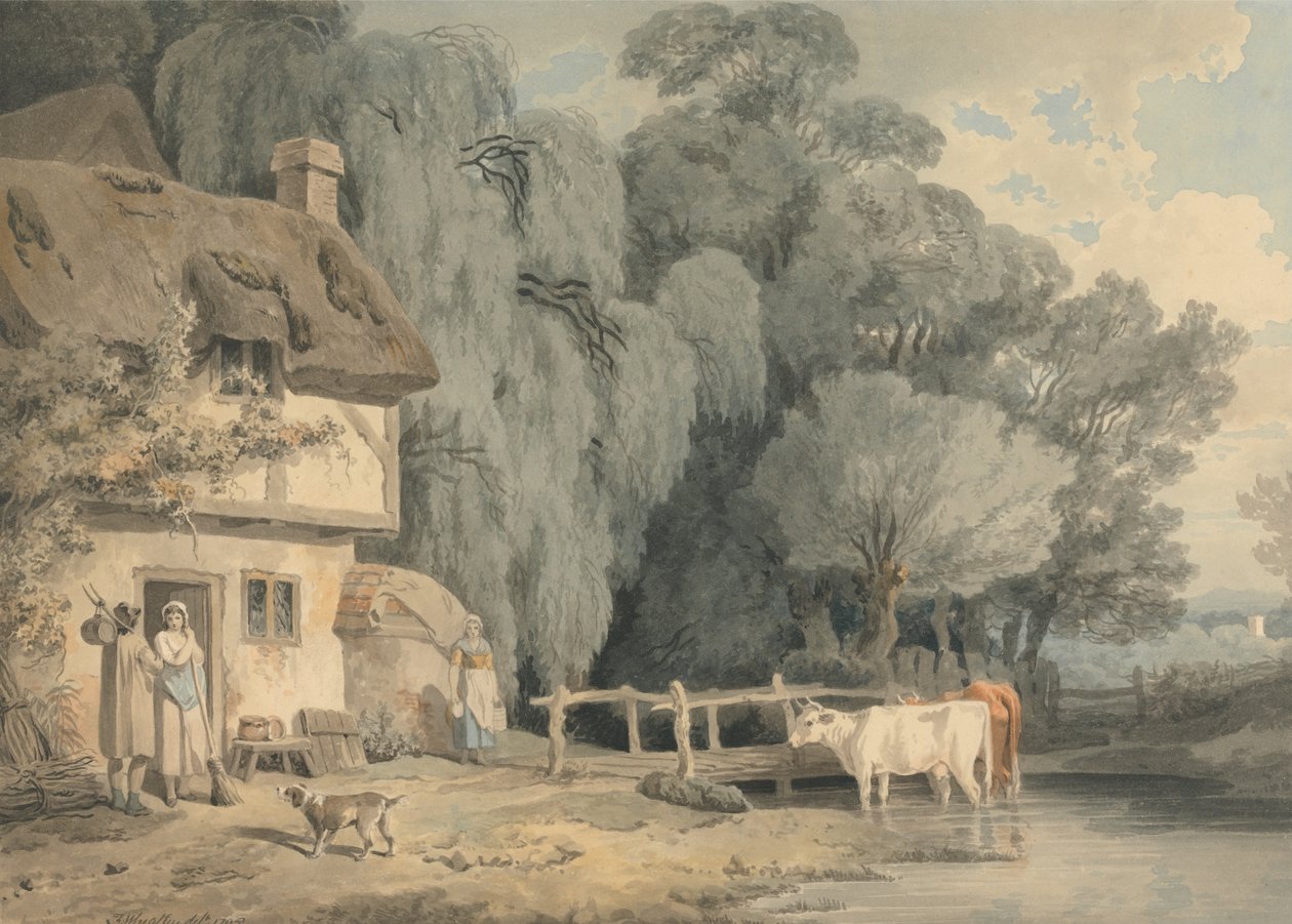 Scena di campagna - Figure vicino a una porta di cottage e bestiame in un ruscello da Francis Wheatley