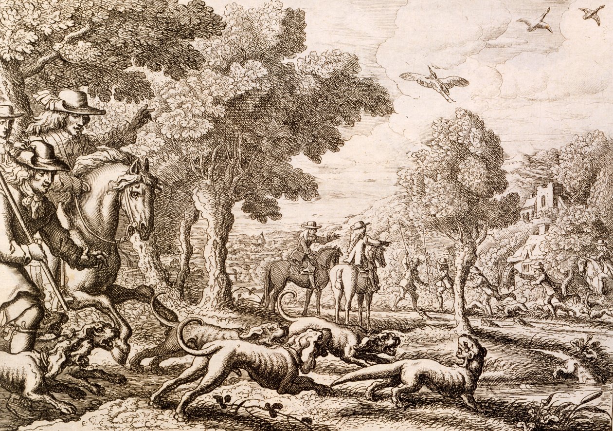 Caccia alla lontra lungo un fiume, inciso da Wenceslaus Hollar, 1671 da Francis Barlow