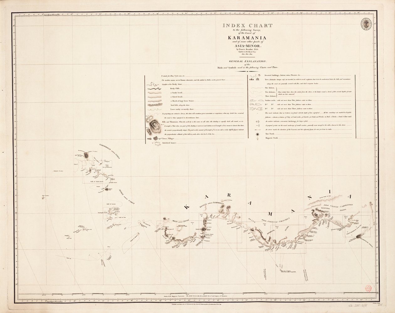 Carta indice per il seguente rilievo della costa di Karamania da Francis Beaufort