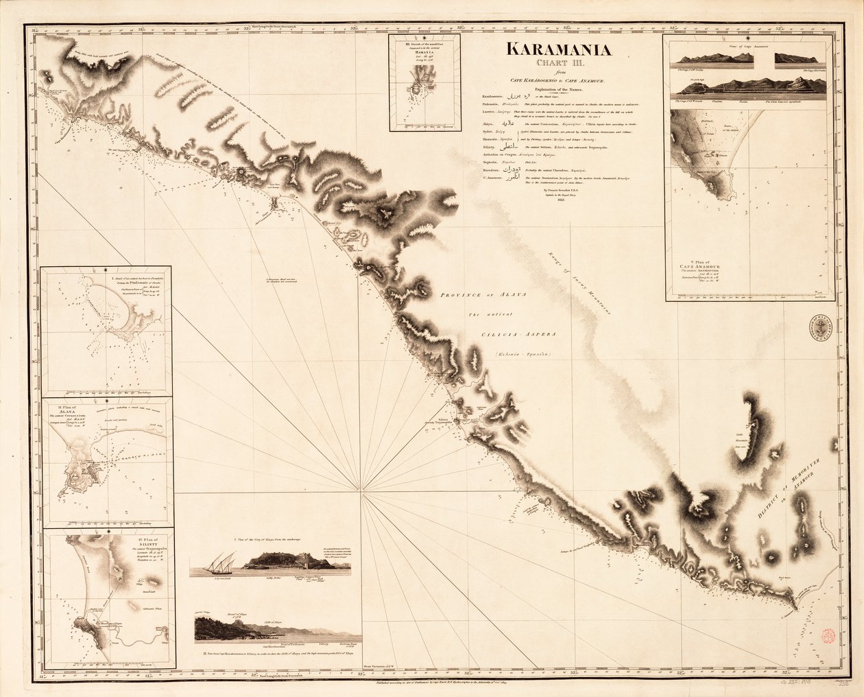 Carta di Karamania III da Capo Karaboornoo a Capo Anamour da Francis Beaufort