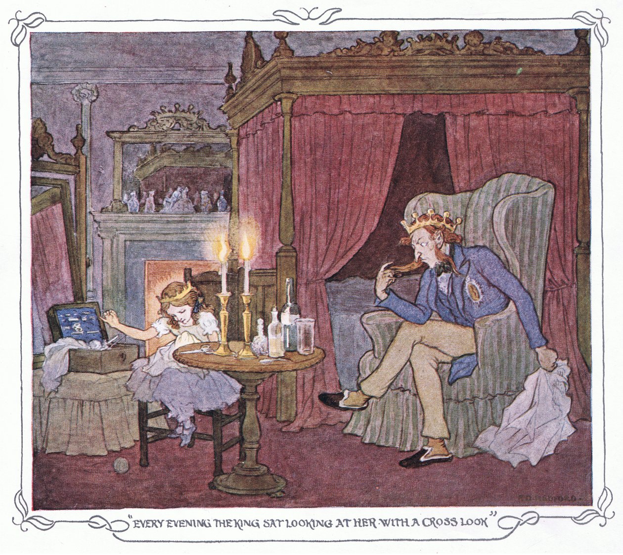 Ogni sera il re si sedeva a guardarla con uno sguardo di traverso, da The Magic Fishbone pub.by Warne  Co, c.1940 (litografia a colori) da Francis Donkin Bedford