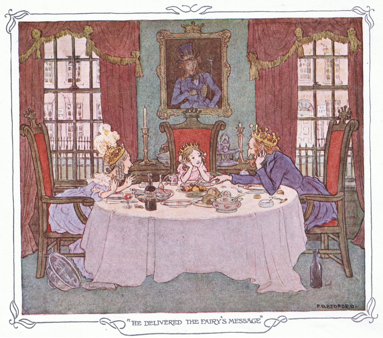 Consegna il messaggio della fata, da The Magic Fishbone pubblicato da Warne  Co, 1940 circa (litografia a colori) da Francis Donkin Bedford