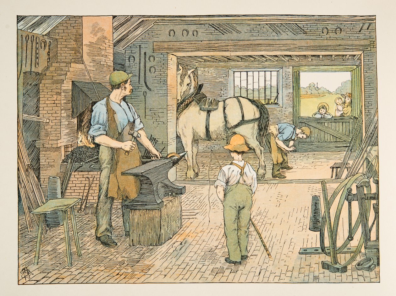 Il fabbro, da Four and Twenty Toilers, pub. 1900 (litografia a colori) da Francis Donkin Bedford