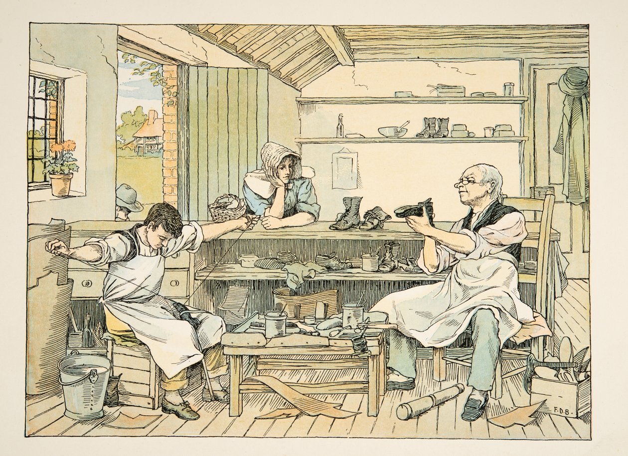 Il ciabattino, da Four and Twenty Toilers, pub. 1900 (litografia a colori) da Francis Donkin Bedford