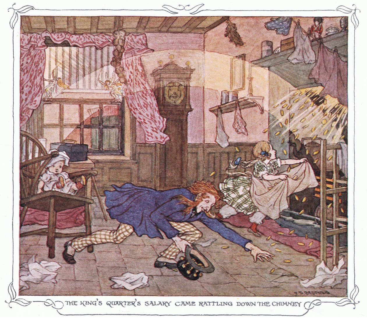 Lo stipendio dei quartieri del re scendeva sferragliando dal camino, da The Magic Fishbone pub.by Warne  Co, 1940 circa (litografia a colori) da Francis Donkin Bedford