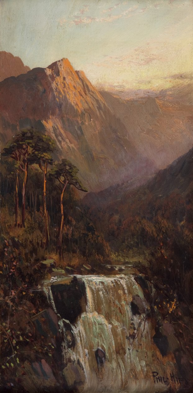 Cascata e montagna, Bodhyfryd (olio su tavola) da Francis E. Jamieson