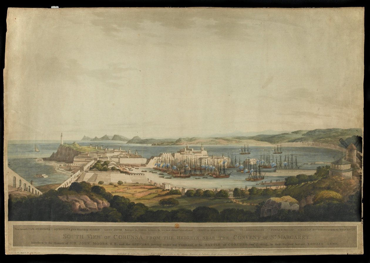 Veduta sud di Corunna dalle alture vicino al Convento di Santa Margherita, inciso da H. Merke, pubblicato nel 1809 da Francis Lee