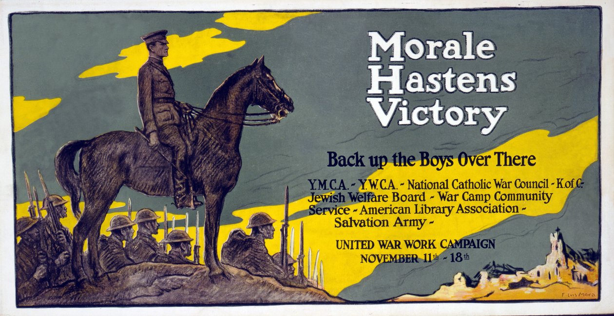 La morale accelera la vittoria - Sostieni i ragazzi laggiù Campagna di lavoro di guerra unita, 11-18 novembre, pub. 1918 da Francis Luis Mora