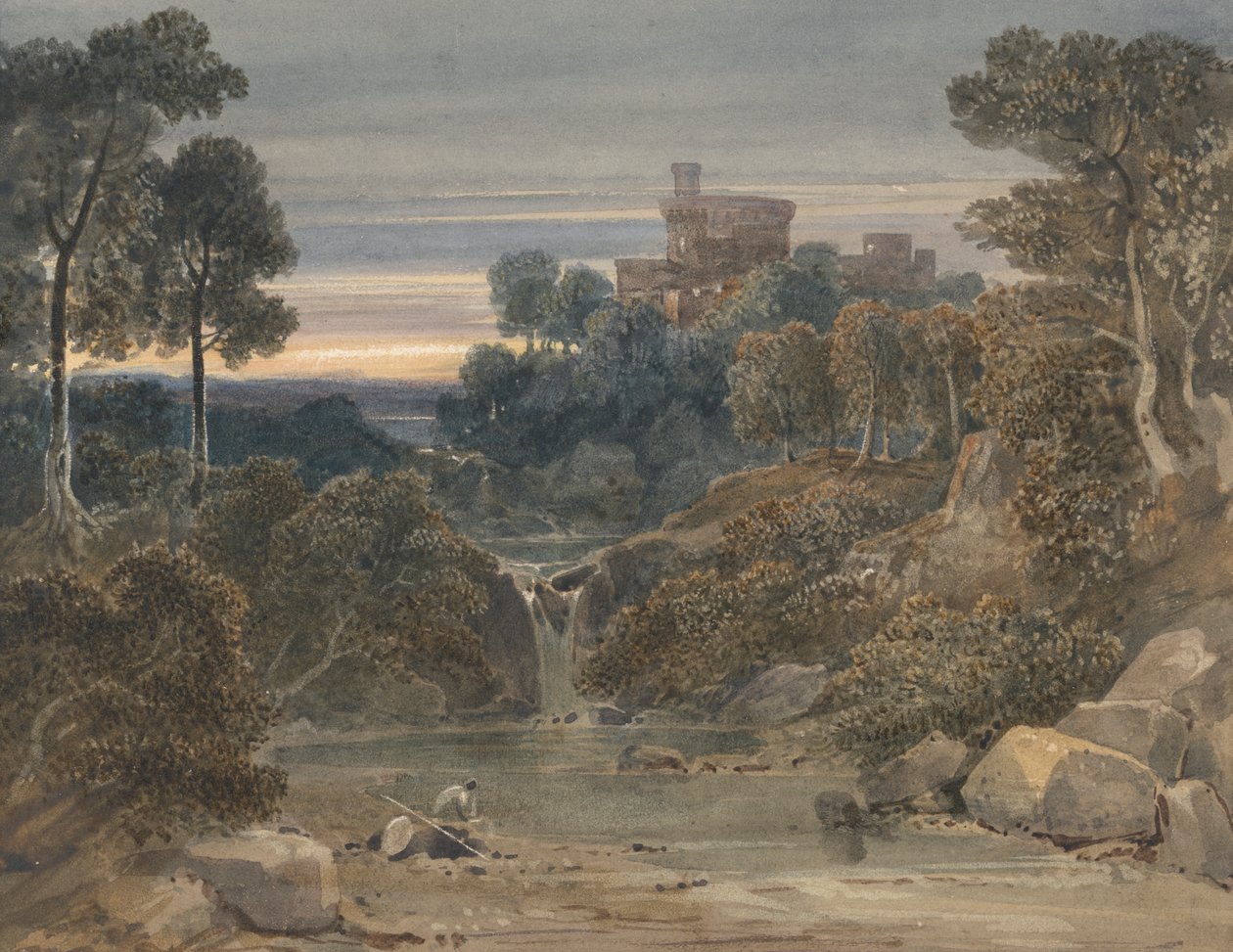 Paesaggio con castello, cascata e ruscello in primo piano da Francis Oliver Finch
