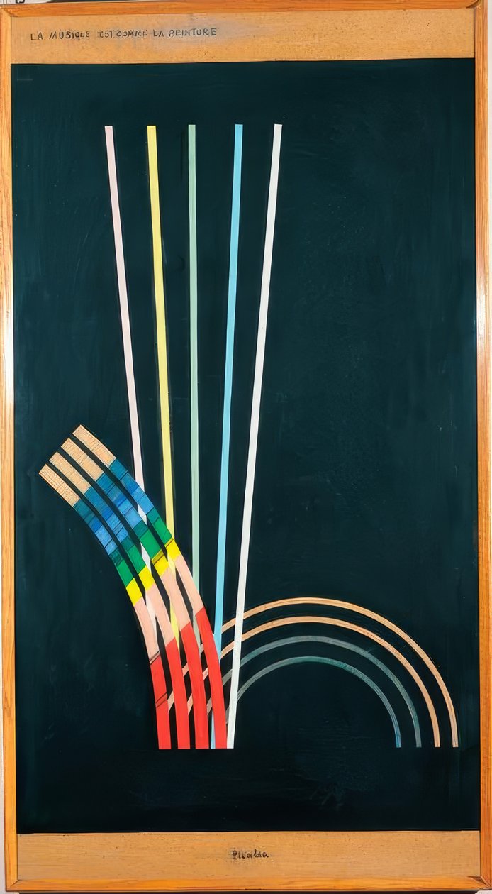 Tutti. Colori nero, bianco, rosso, blu, giallo linee, curve, linee rette, archi. da Francis Picabia