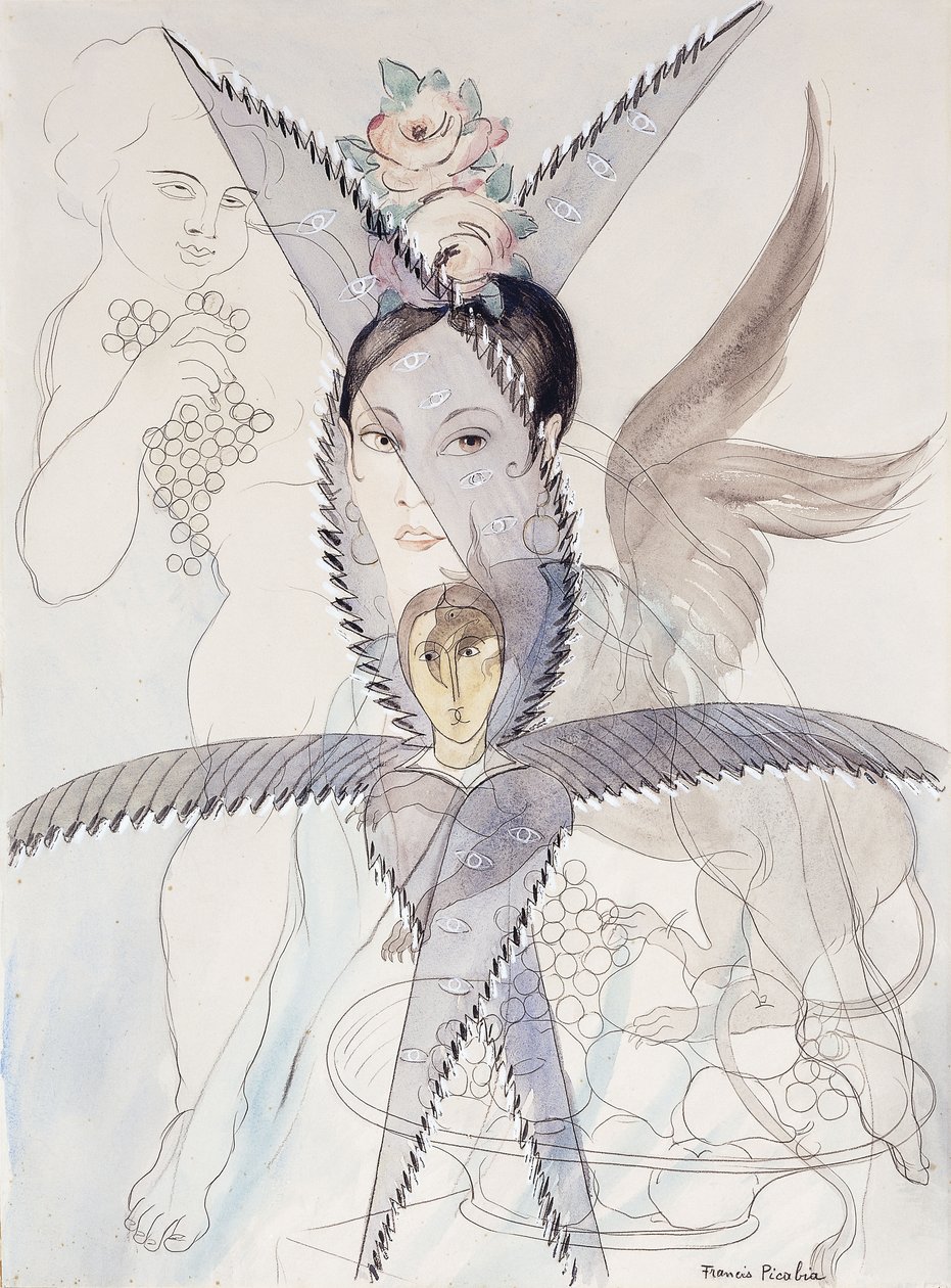 Trasparenza - Testa e cavallo alato; Transparence - Tete et Cheval Aile, 1928 circa (acquerello, gouache, gesso nero e matita su carta) da Francis Picabia