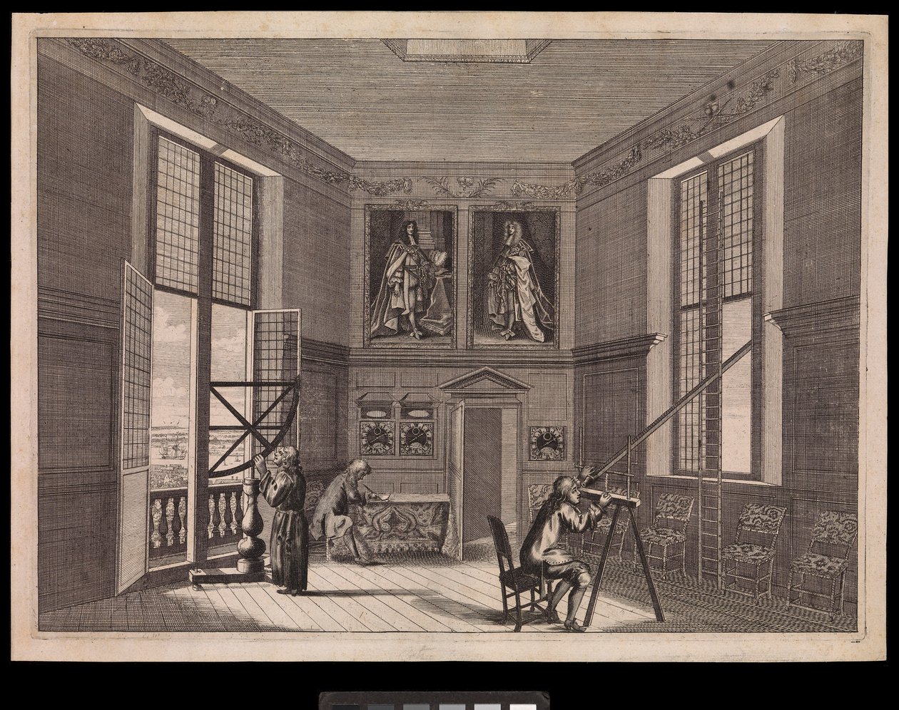 Tre figure che usano attrezzature astronomiche nella Grande Sala delle Stelle o Sala Ottagonale, come è conosciuta oggi, al Royal Observatory., c.1676 da Francis Place