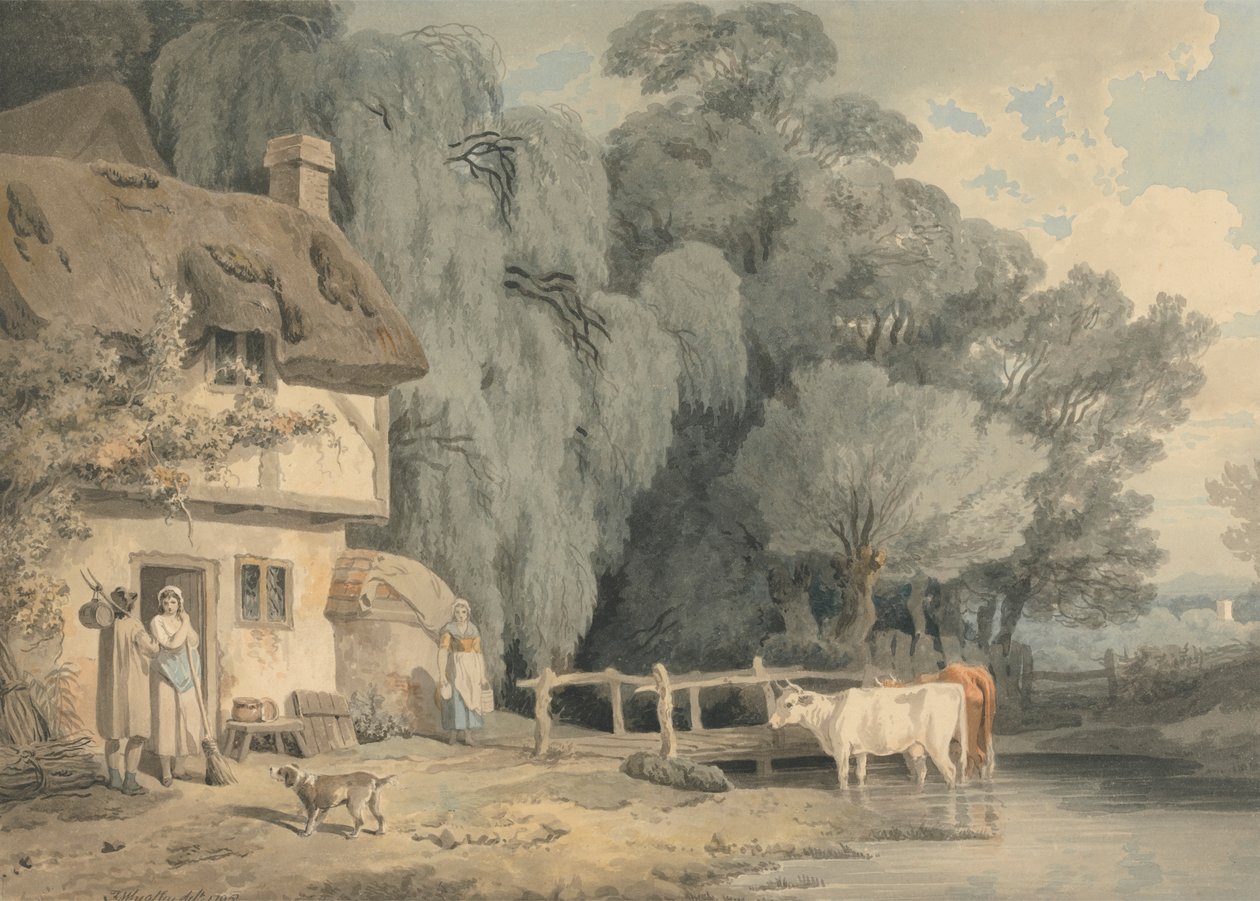 Scena di campagna: figure davanti alla porta di un cottage e bestiame in un ruscello da Francis Wheatley
