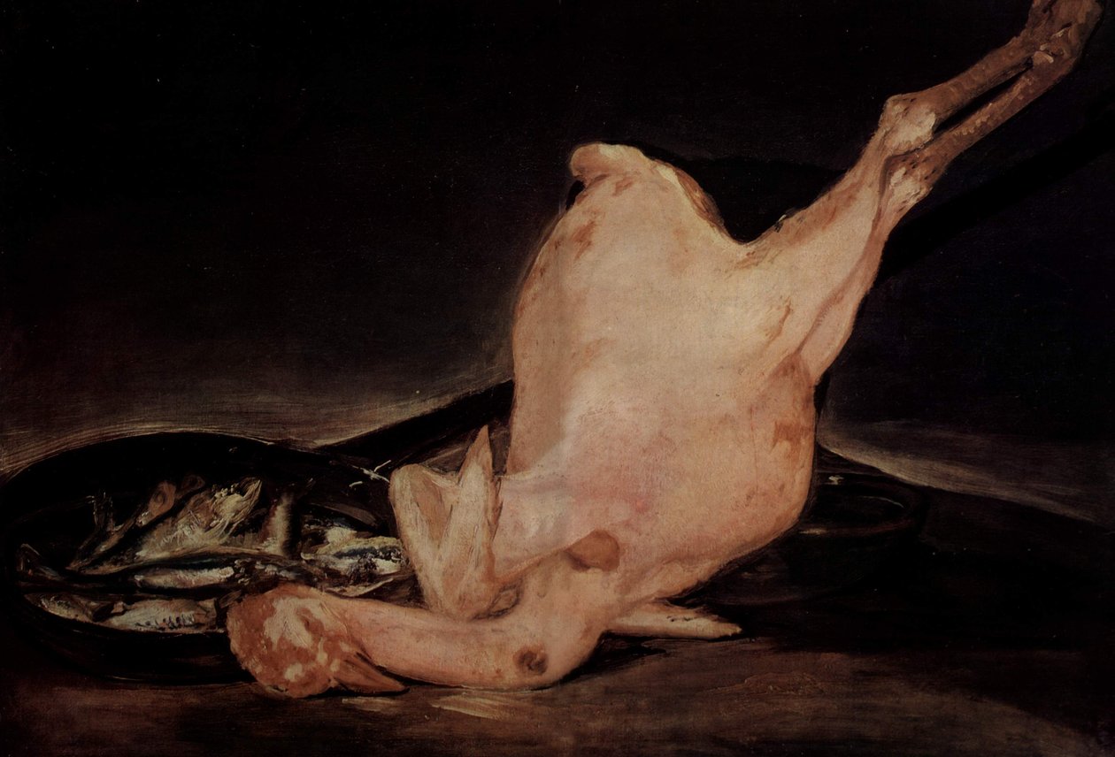 Natura morta, tacchino spennato e padella con pesci da Francisco de Goya