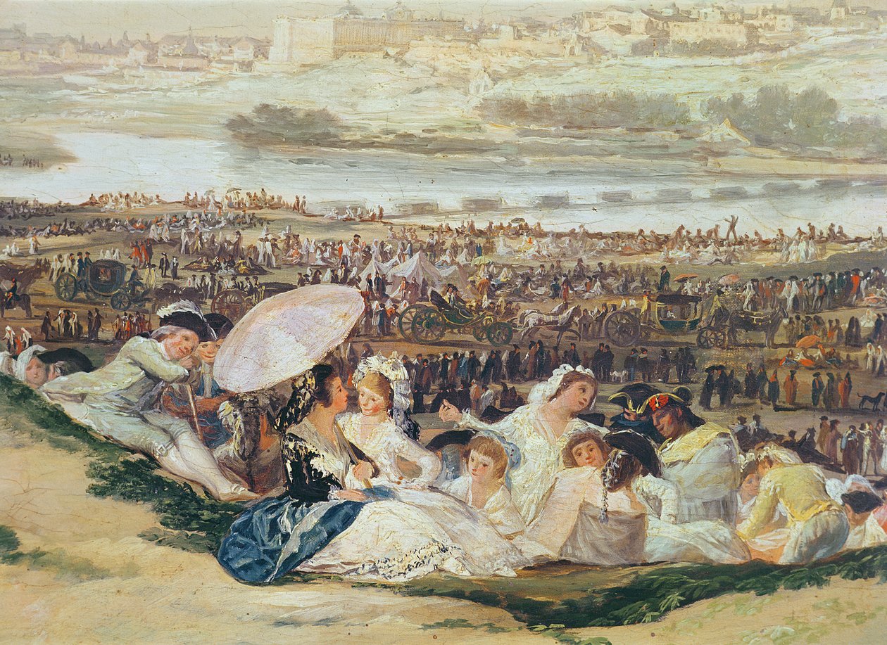 (dettaglio) Gruppo con un parasole in Il prato di San Isidro da Francisco de Goya