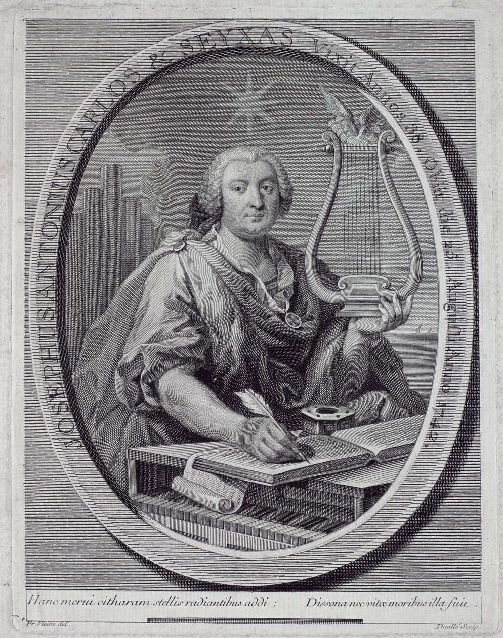 Ritratto di Jose Carlos Seixas (1704-42) inciso da John Daulle (1703-63) da Francisco Vieira