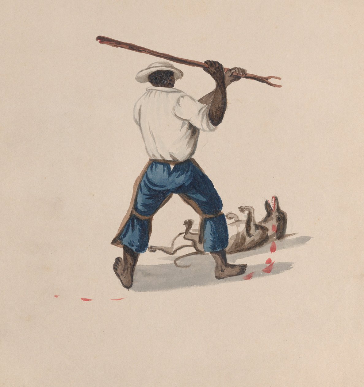 Un uomo visto da dietro che picchia un cane con un bastone, da un gruppo di disegni che raffigurano..., ca. 1848 da Francisco