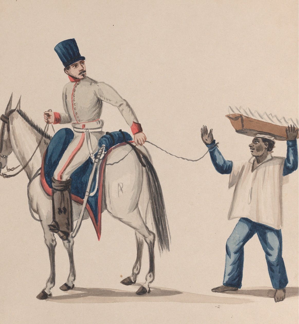 Un soldato a cavallo che tiene una corda che assicura uno schiavo indigeno che bilancia un piatto, ca. 184 da Francisco