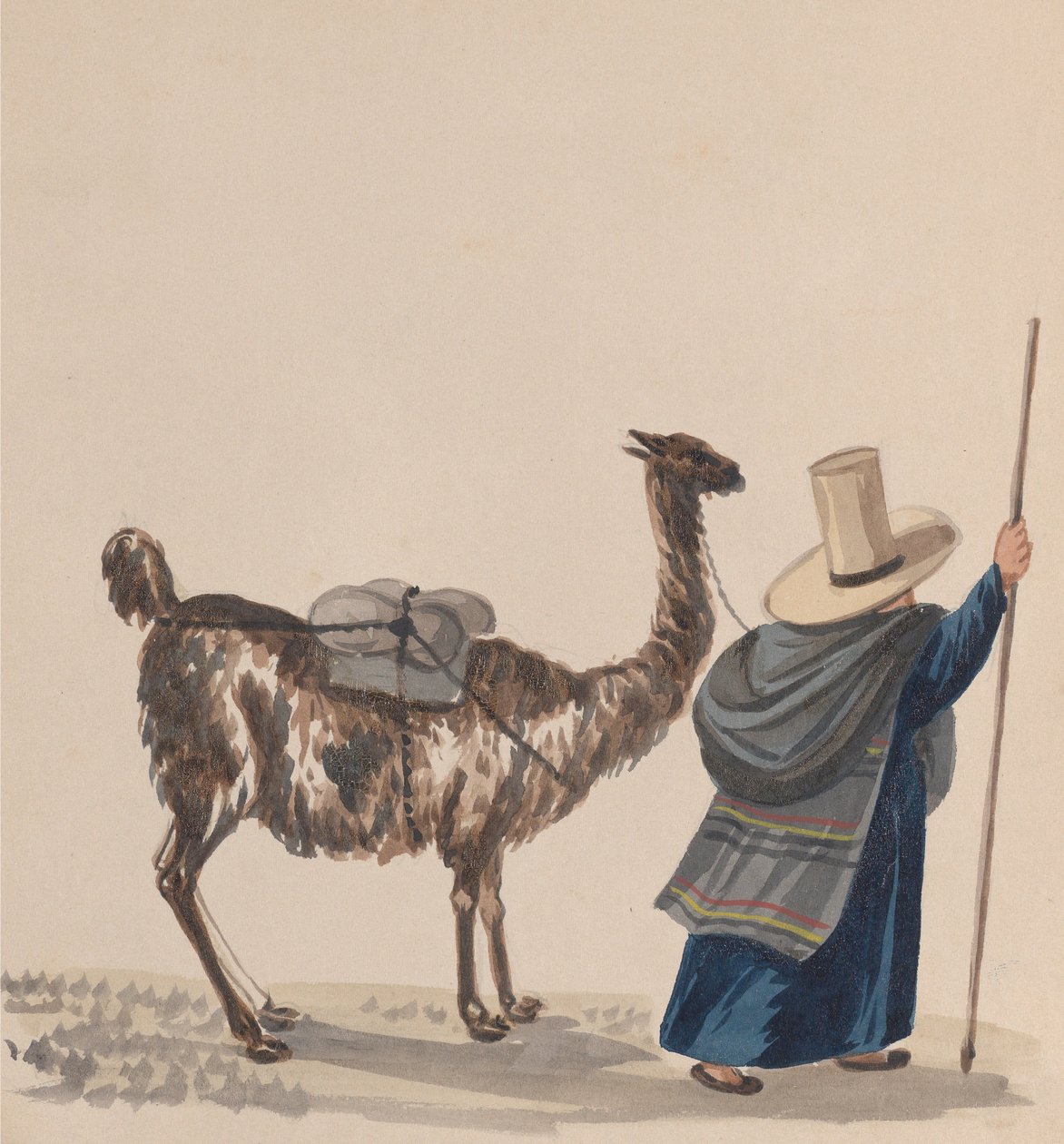 Una donna che cammina con un lama, da un gruppo di disegni che raffigurano costumi peruviani, ca. 1848 da Francisco