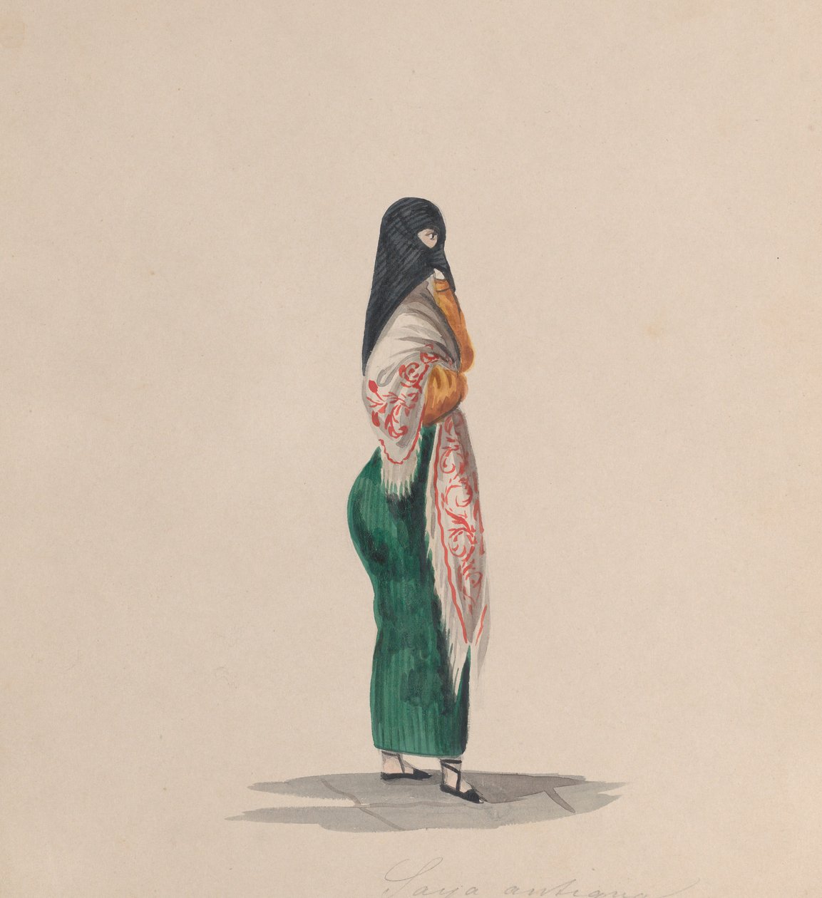 Una donna che indossa la saya in piedi di profilo, da un gruppo di disegni che raffigurano peruviani..., ca. 184 da Francisco
