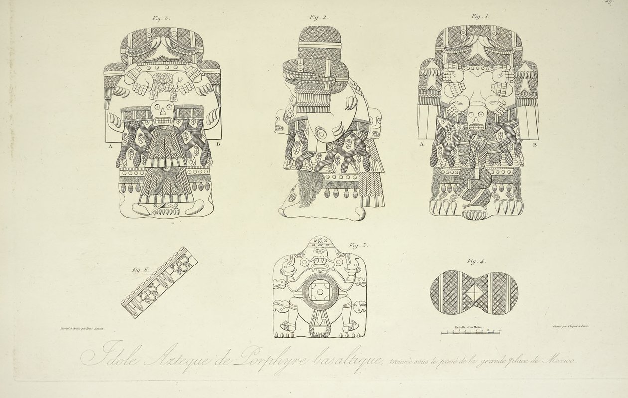 Idolo azteco di porfido basaltico, trovato sotto la Grand Plaza di Città del Messico, inciso da Cloquet, illustrazione da 