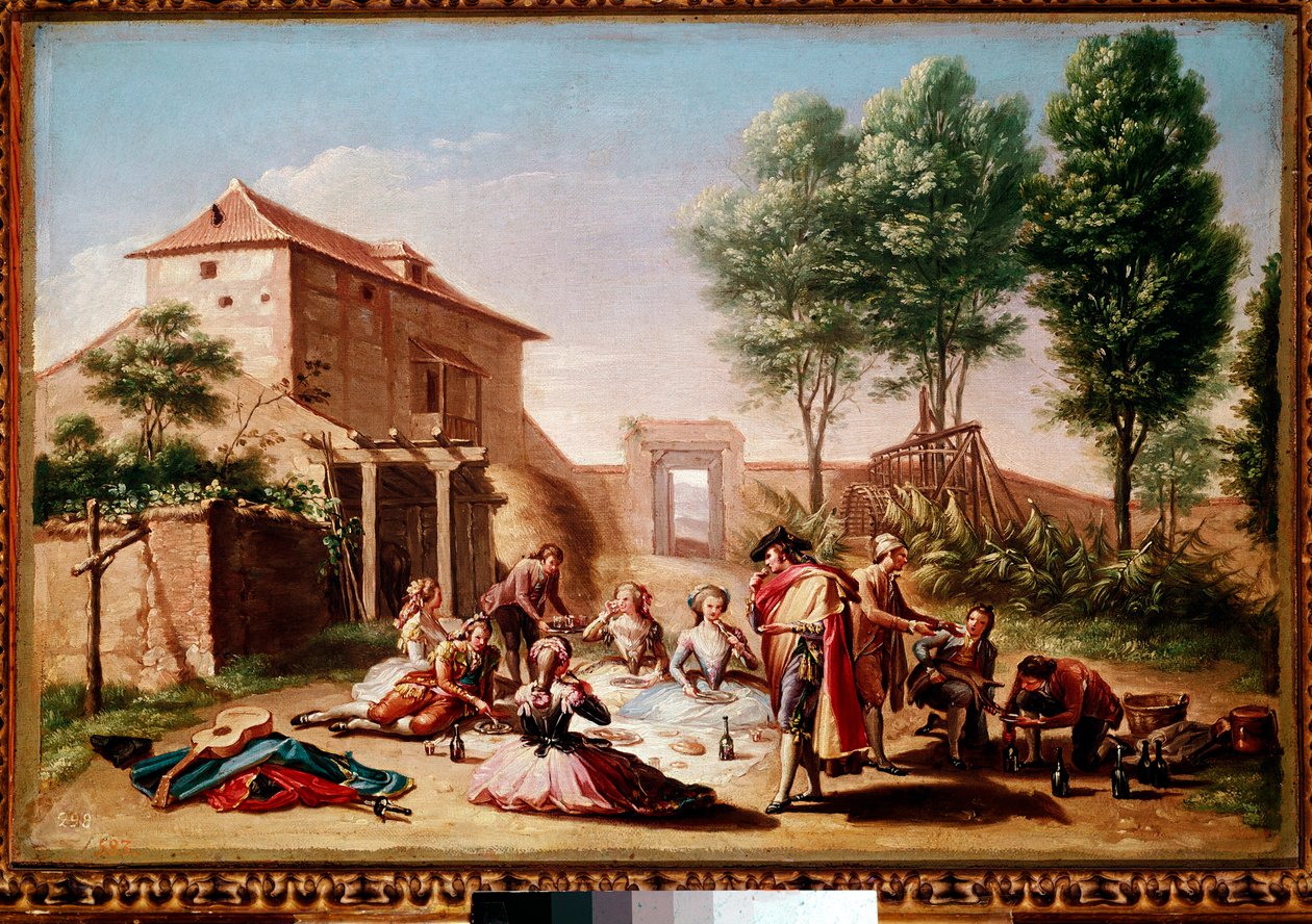 Pranzo in campagna: giovani della borghesia che fanno un picnic da Francisco Bayeu y Subias