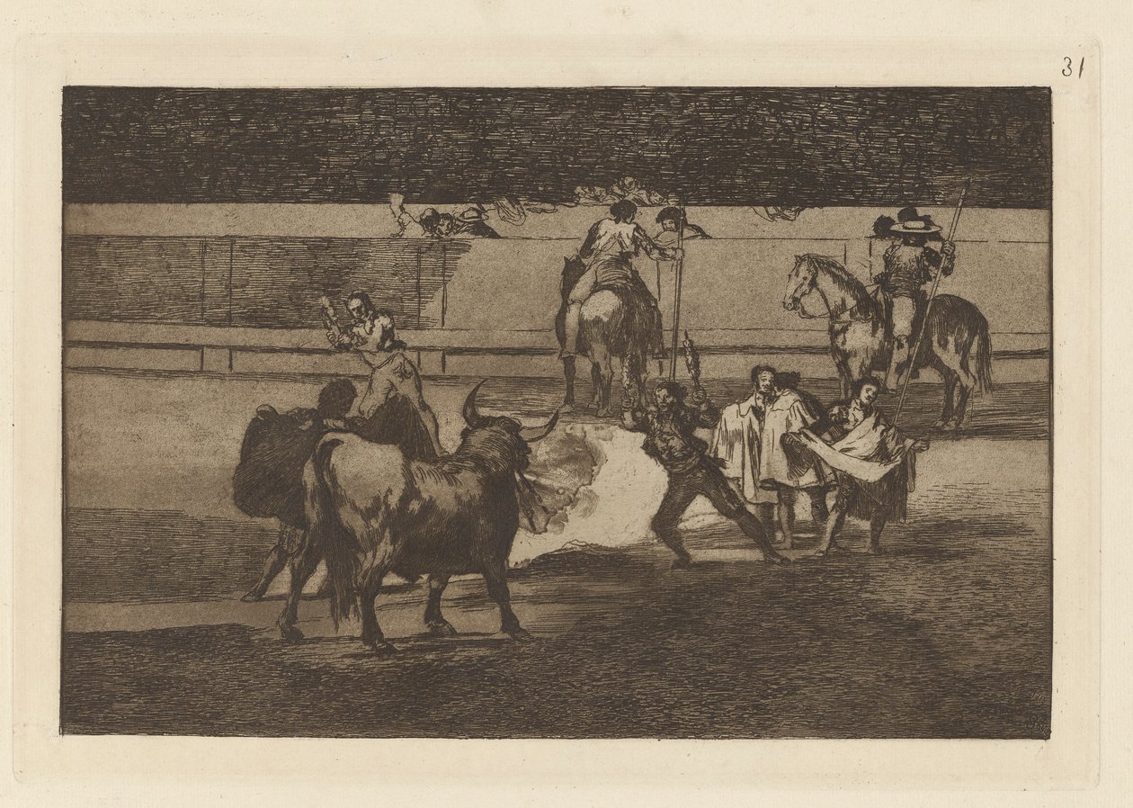 Banderillas de fuego (Banderillas con petardi), Tavola 31 da La tauromaquia da Francisco de Goya