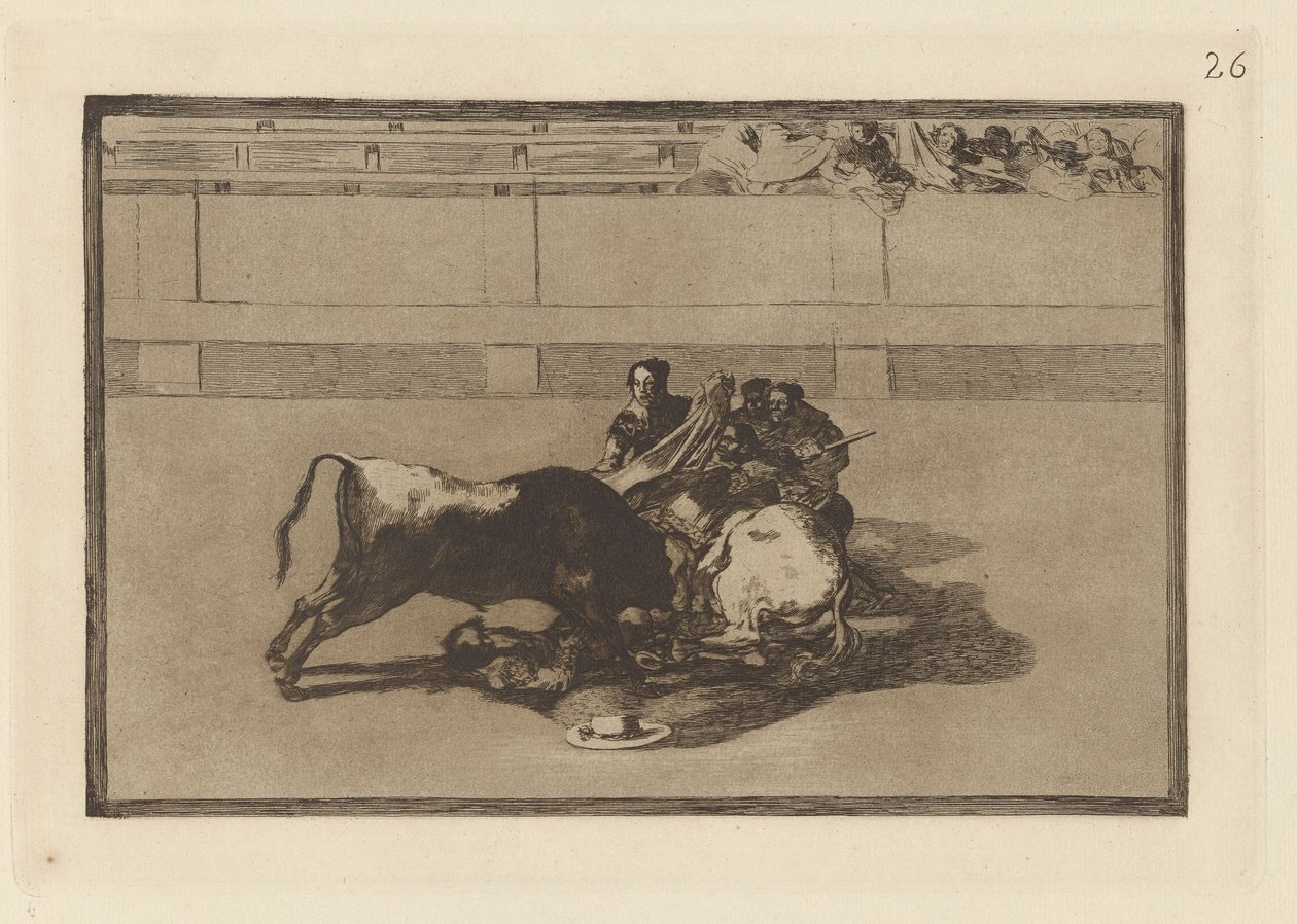Caduta di un picador dal suo cavallo sotto il toro, Tavola 26 da La tauromachia da Francisco de Goya