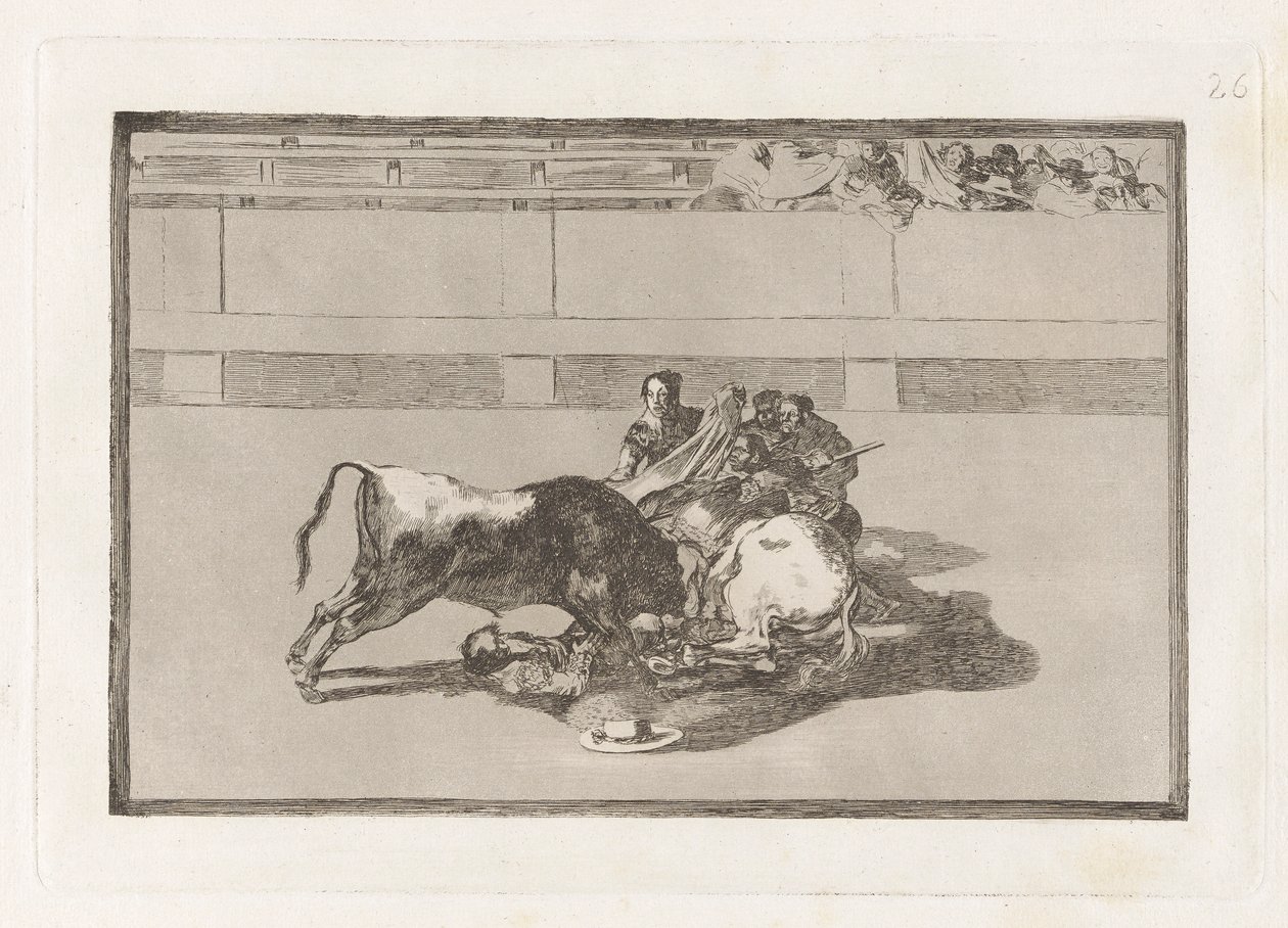 Caduta di un picador dal suo cavallo sotto il toro, Tavola 26 da La tauromaquia da Francisco de Goya