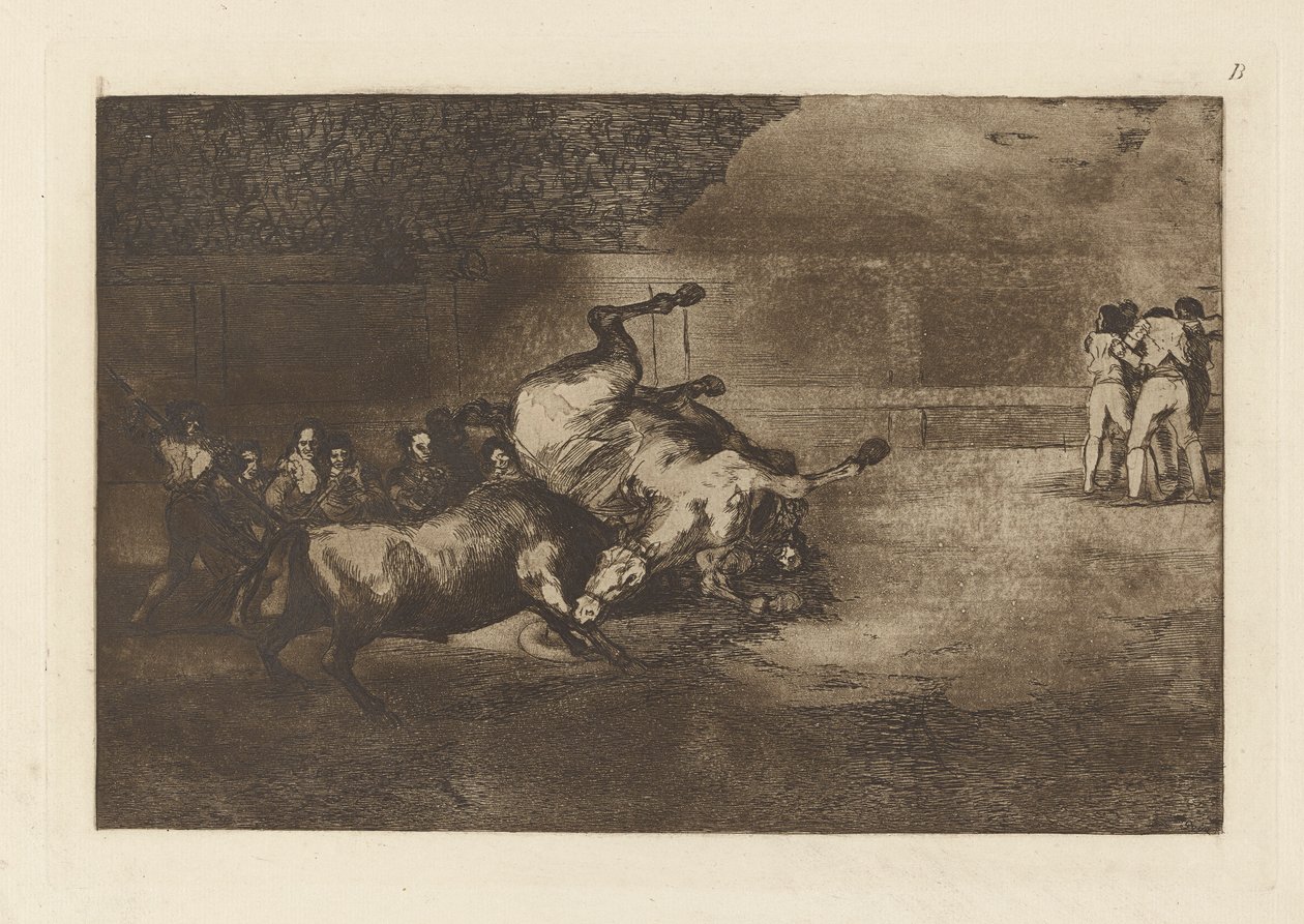 Cavallo rovesciato da un toro, Tavola B da La tauromachia (terza edizione) da Francisco de Goya