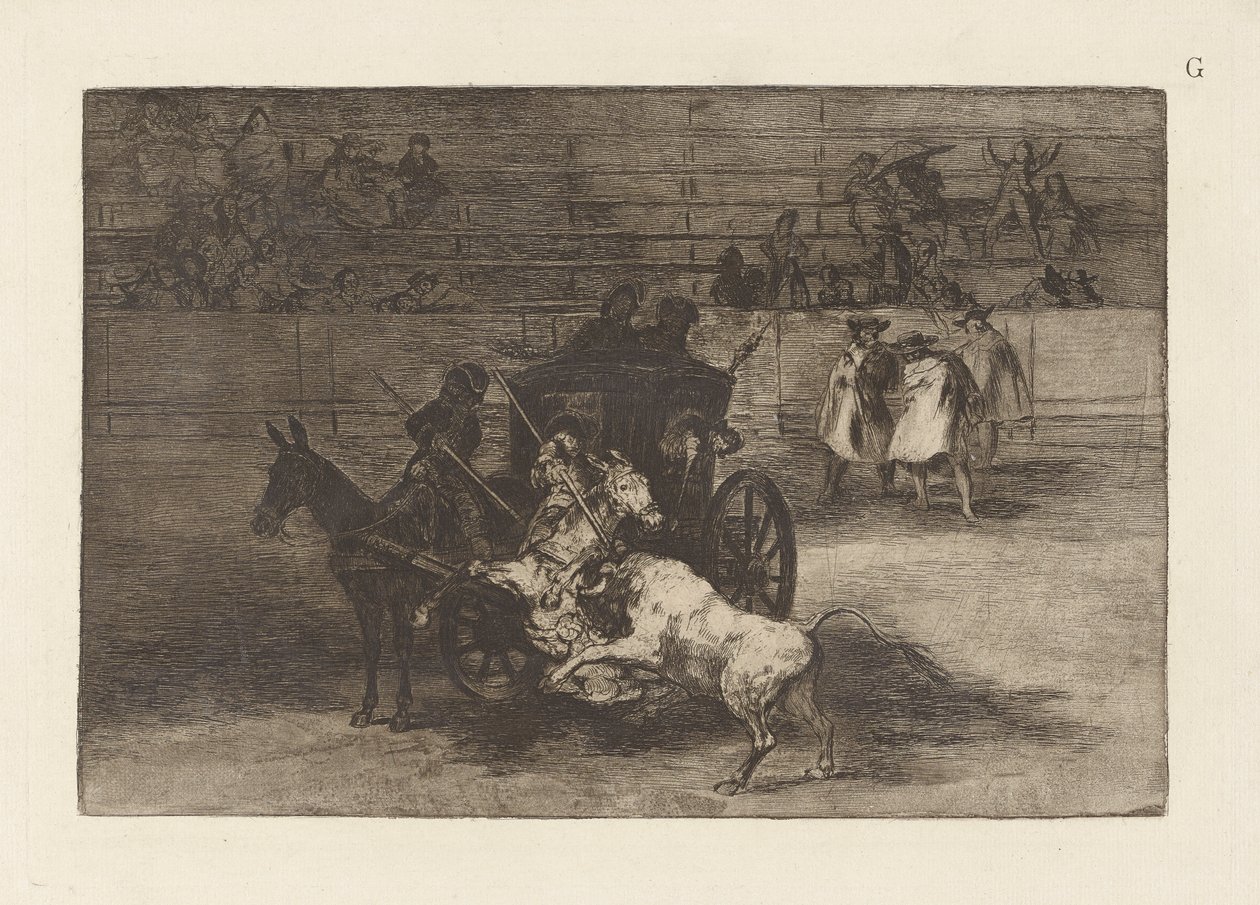 Combattimento in una carrozza trainata da due muli (tavola G da La tauromaquia, terza edizione) da Francisco de Goya